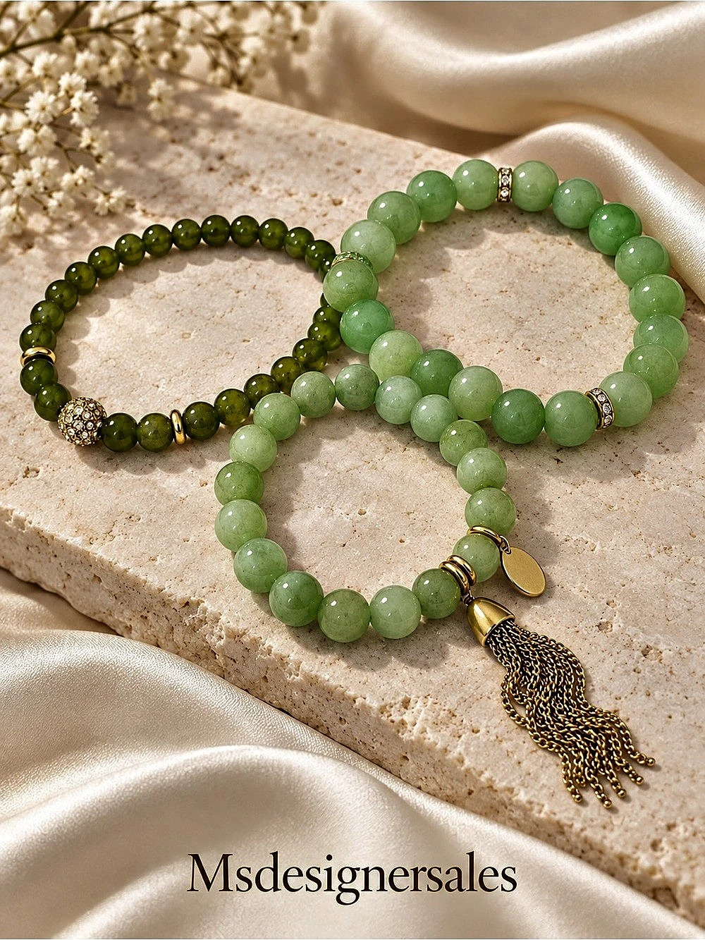 Green Beaded Bracelet Set with Gold-Tone Tassel 244